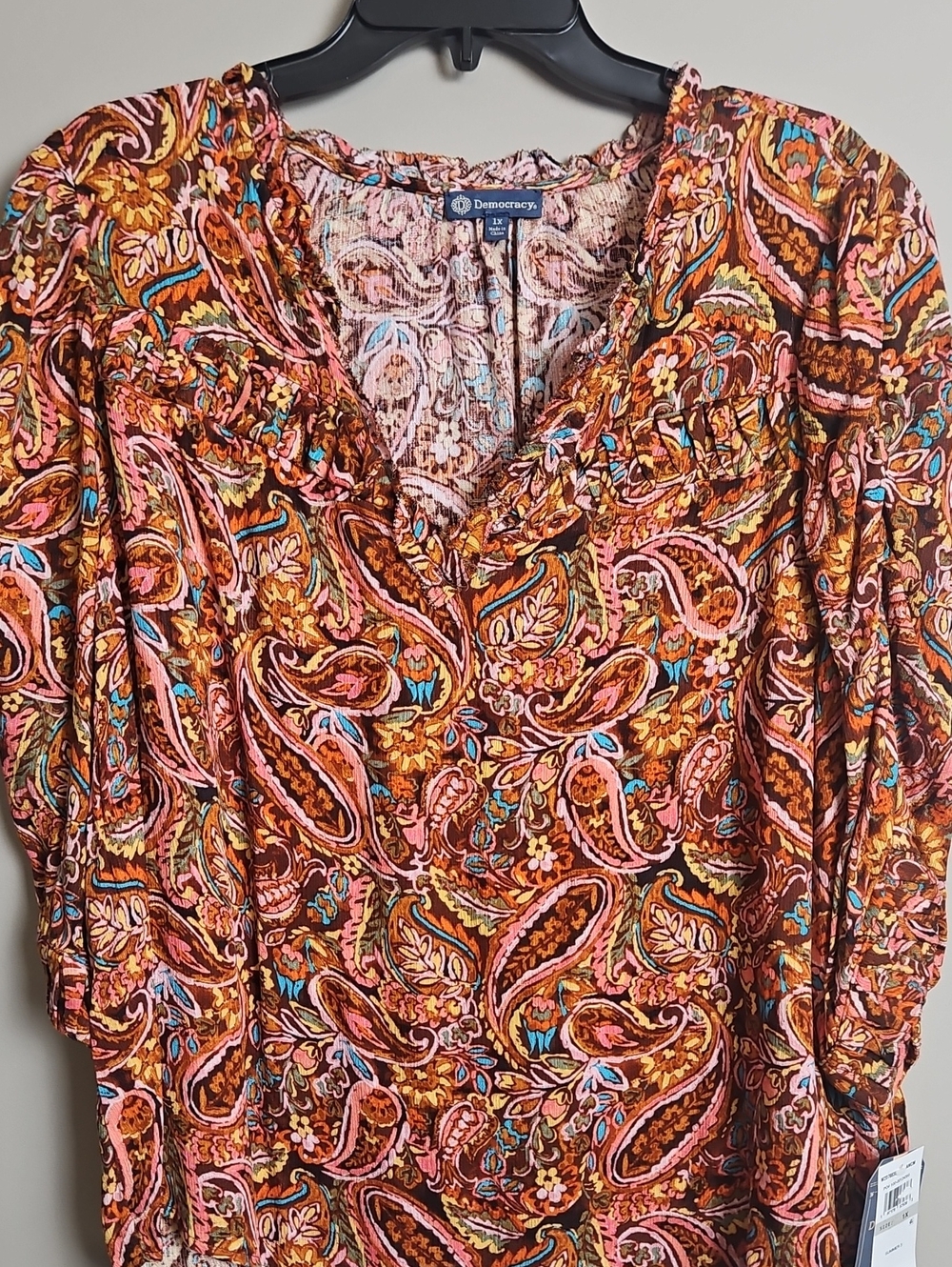 Democracy 3/4 Sleeve Split V-neck Lightweight Blouse: Color- Multi Paisley: 1X